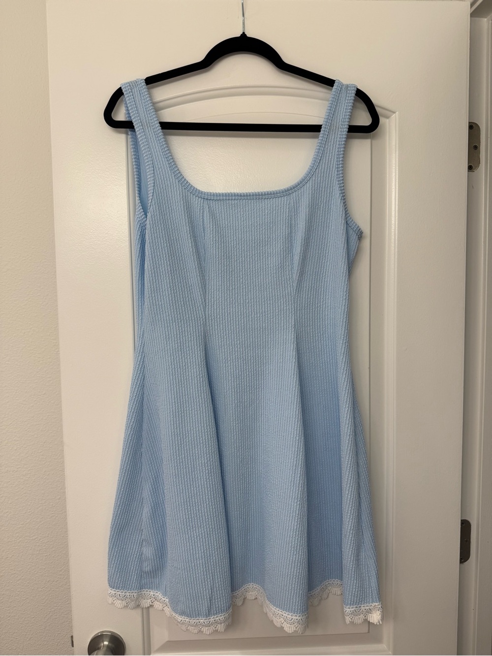 Simply Southern Corded Tank Dress, Square Neckline, Light Blue, Lace Hem